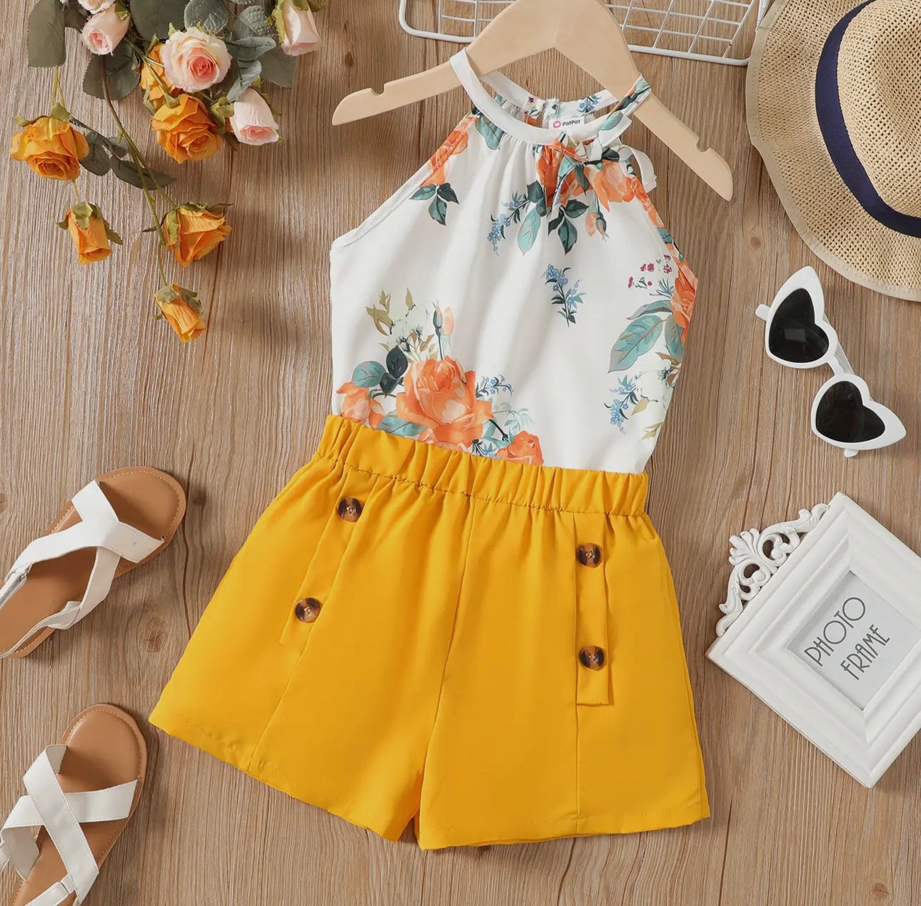 Yellow halter and Button Elastic Short