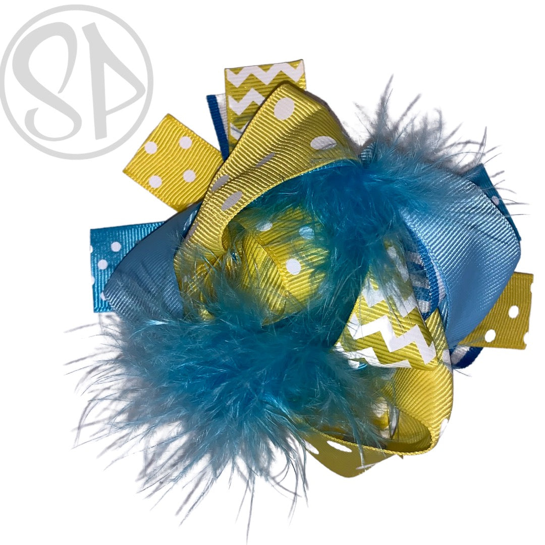 Blue and yellow fur bow